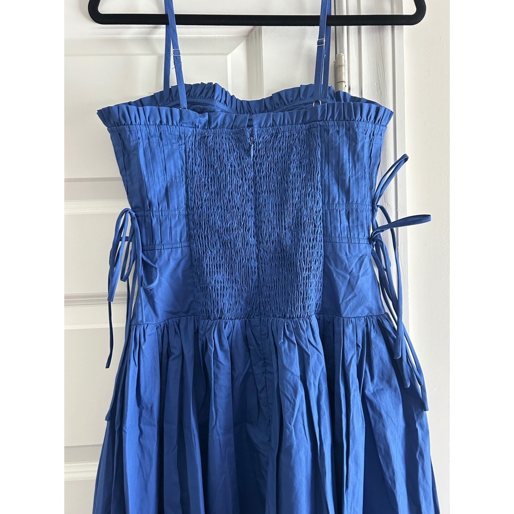 Tuckernuck Moon River Blue Cotton Poplin Midi Dress Side Tie Smocked Back Large - Picture 3 of 5
